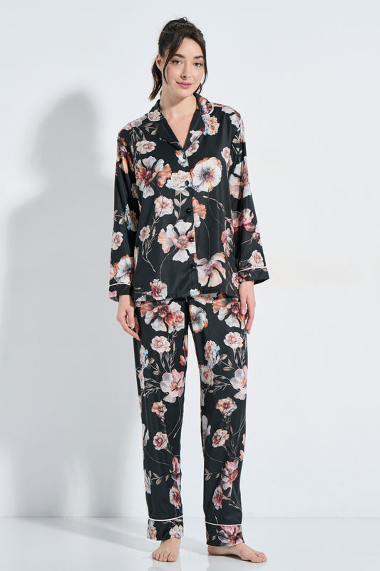 Satin floral κουμπωτή πιτζάμα / J8304